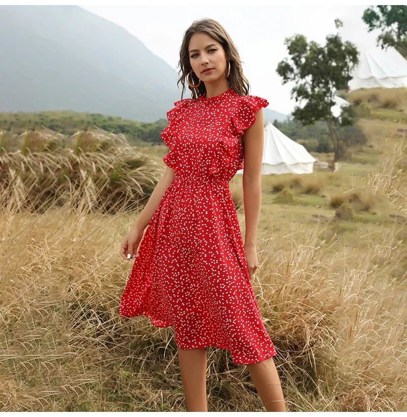 Robe Fleurie Rouge Mi-Longue