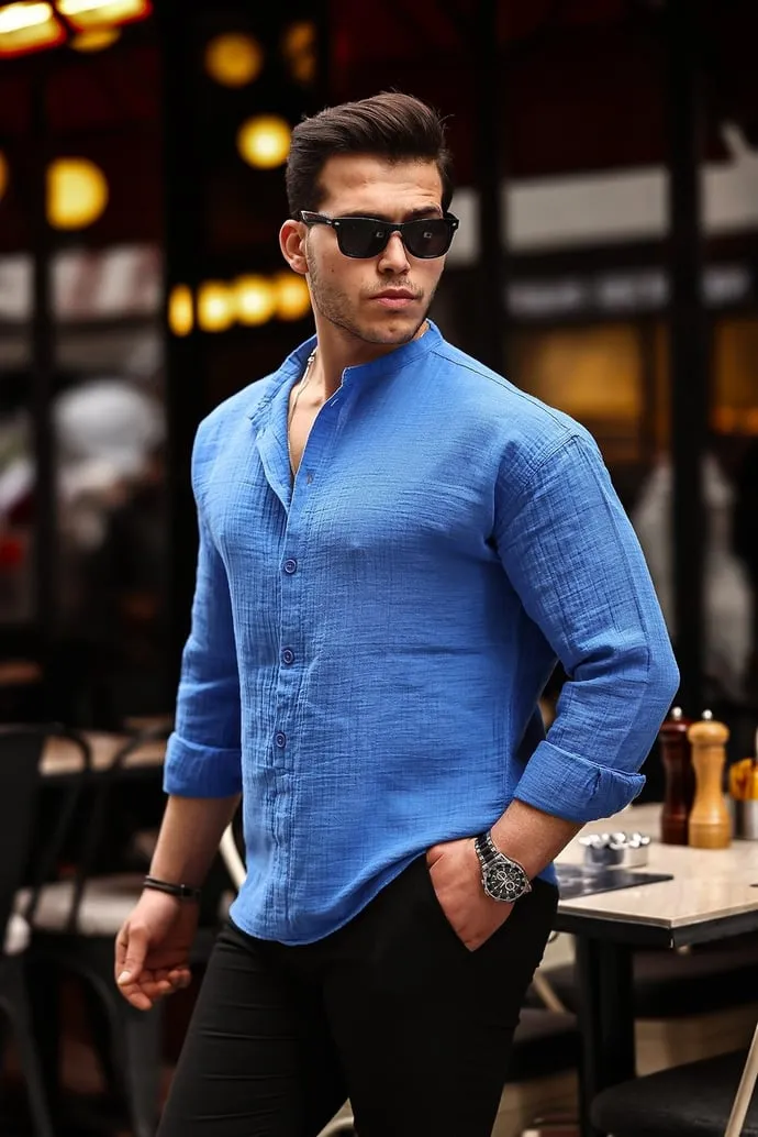 Yarm Pat Hakim Yaka Oversize Müslin Kuma Gmle INDIGO